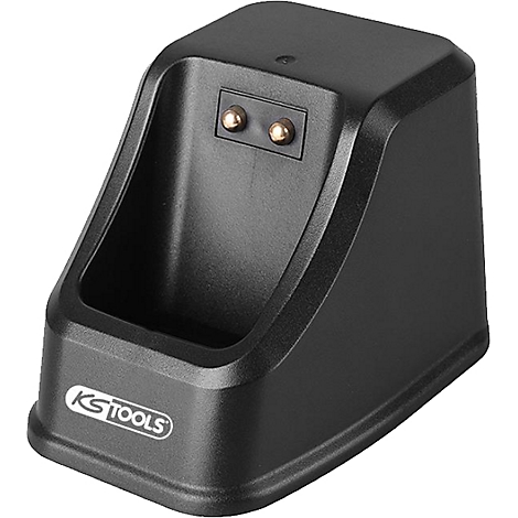 Zwart oplaadstation voor een gereedschap van KS TOOLS. Met twee gouden contacten voor stroomoverdracht.